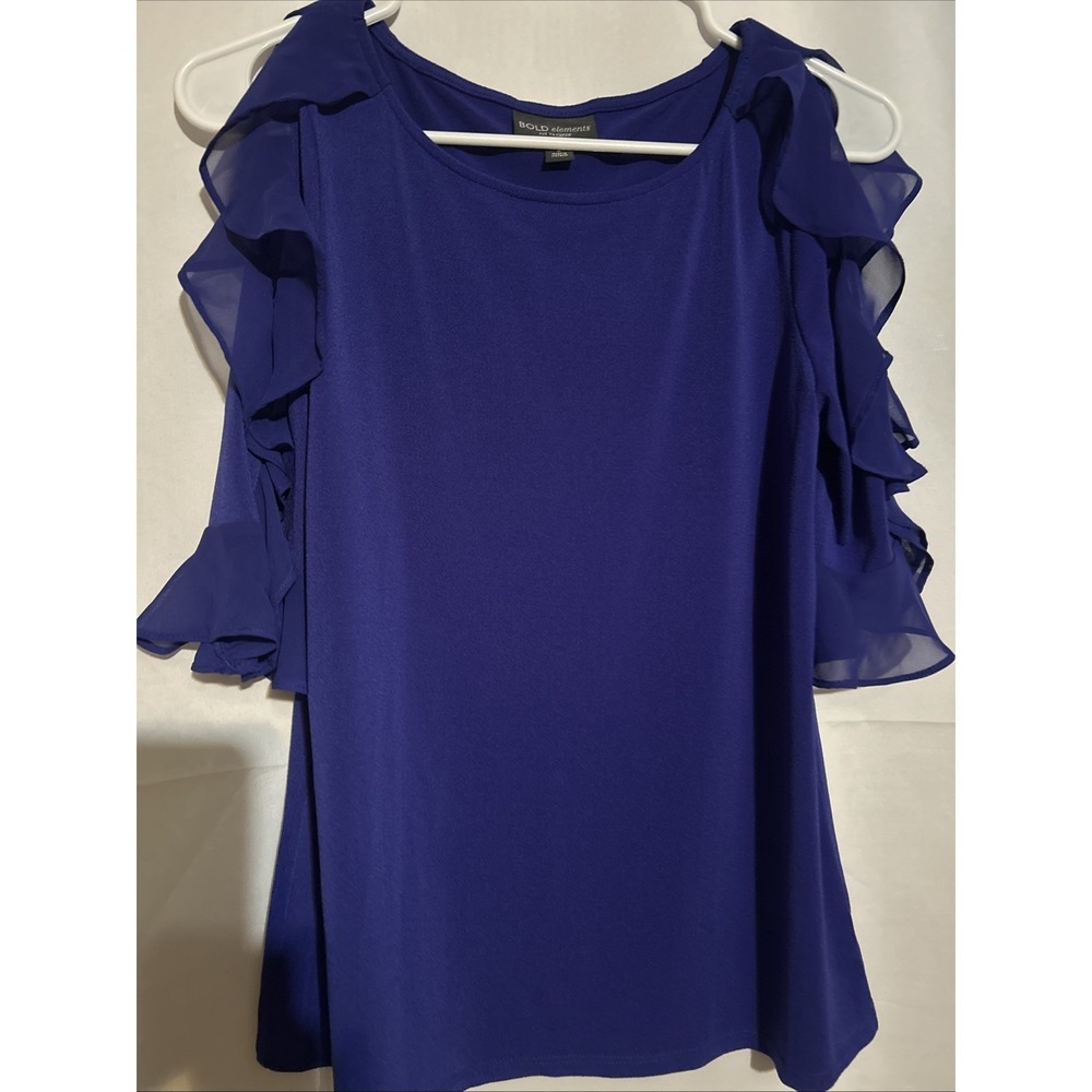 Bold Elements Women Sapphire Blue Flowy Cold Shoulder Ruffle Blouse Small